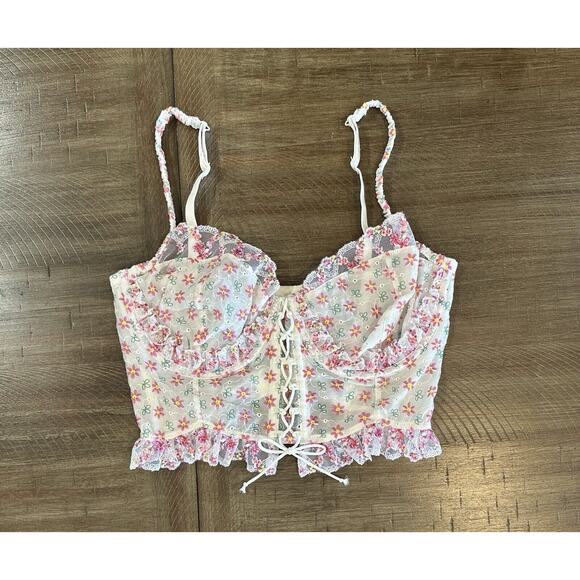 For Love & Lemons Blooms Bustier White Pink Floral Embroidered Lace Size 36D - Picture 11 of 16